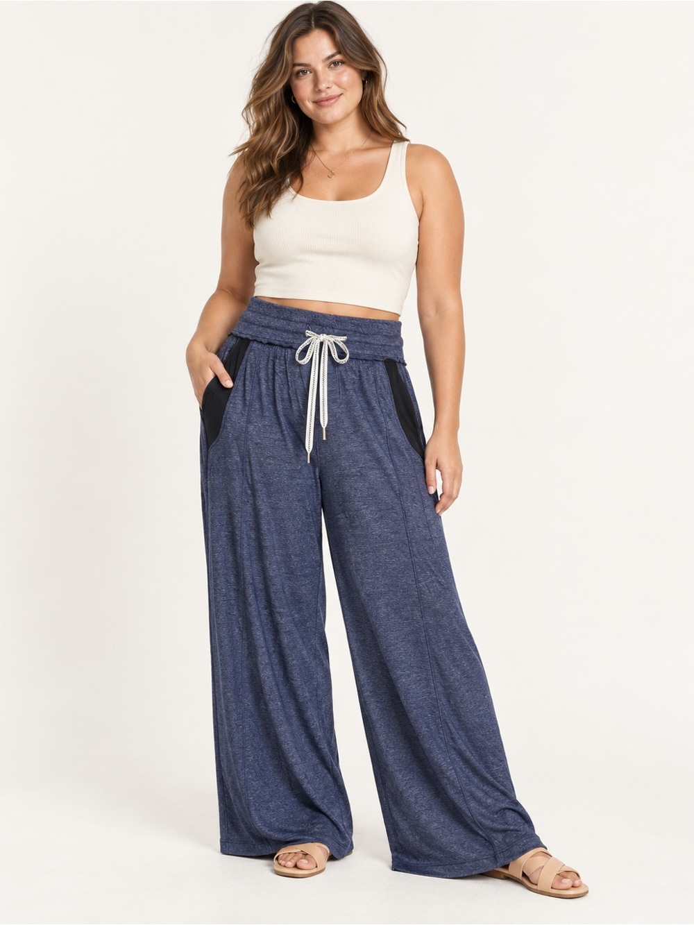 #885 NWT Free People Wait A Minute Wide Leg Lounge Pants Navy Heather L